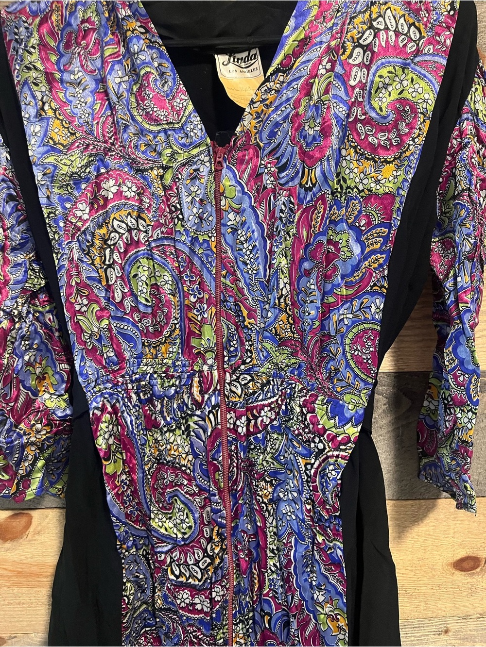 Linda Los Angeles Black Vintage Maxi Dress Paisley Front Panel - Women's Size 16 - Picture 2 of 5